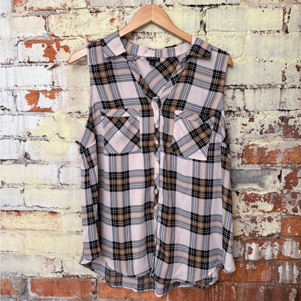 Torrid Black and Tan Plaid Sleeveless Shirt